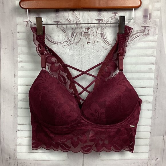 VS PINK Lace Longline Strappy Push-Up Bralette Red L - Picture 1 of 10